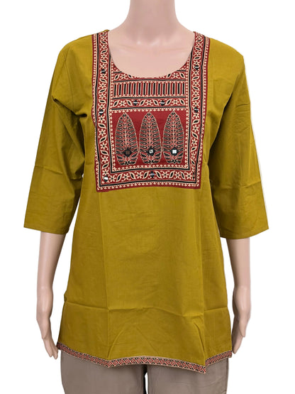 Women's Dabu Cotton Short Kurti | Mustard short top maroon patchwork