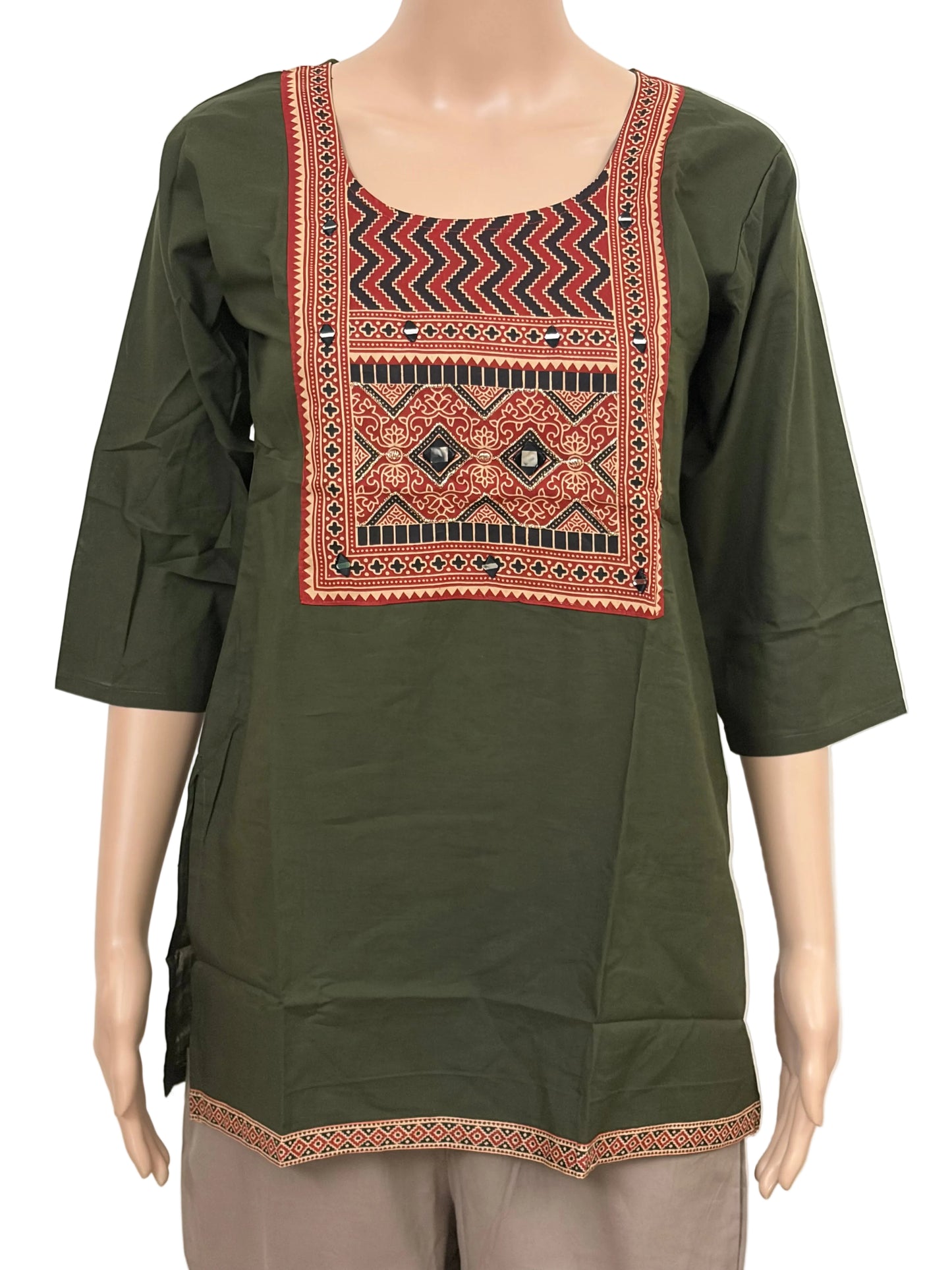 Women's Dabu Cotton Short Kurti | Dark Mehandi Green short top