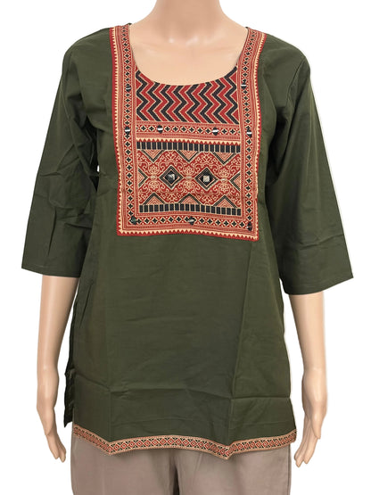 Women's Dabu Cotton Short Kurti | Dark Mehandi Green short top