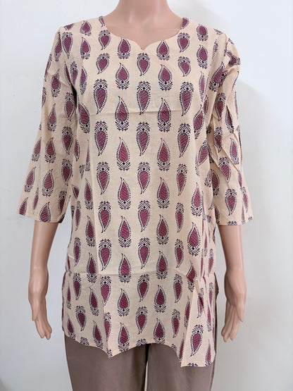 Women's Cotton Short Kurti | Block printed in sandal base