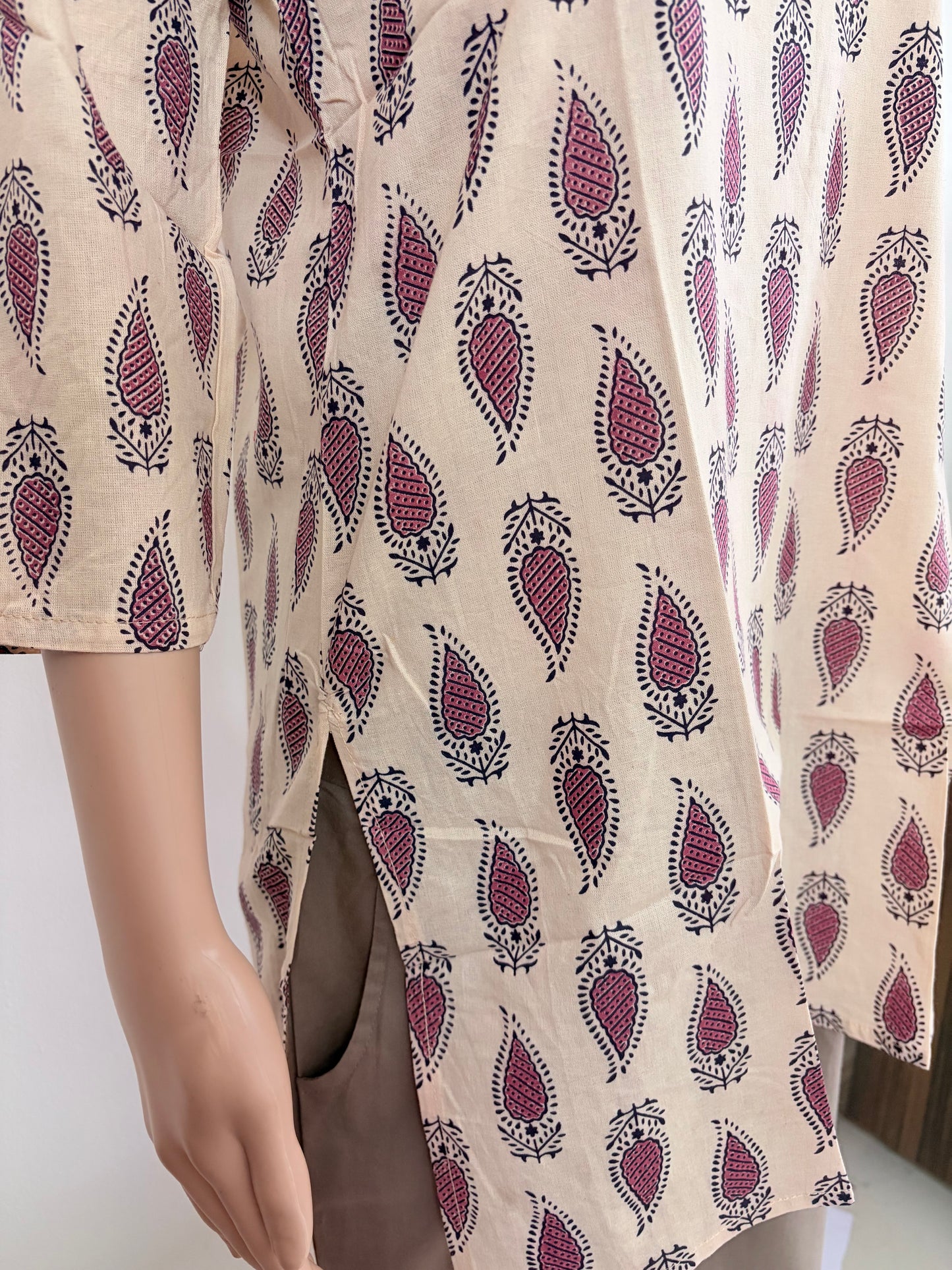 Women's Cotton Short Kurti | Block printed in sandal base