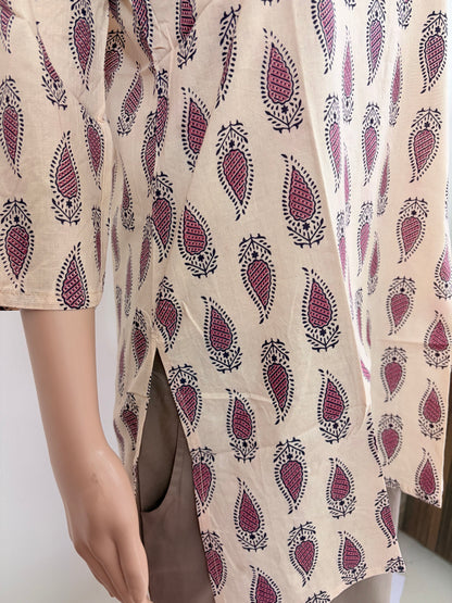 Women's Cotton Short Kurti | Block printed in sandal base