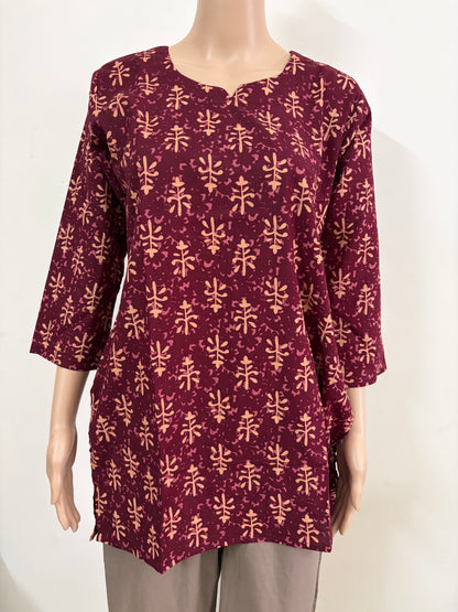Women's Cotton Short Kurti | Maroon printed short top