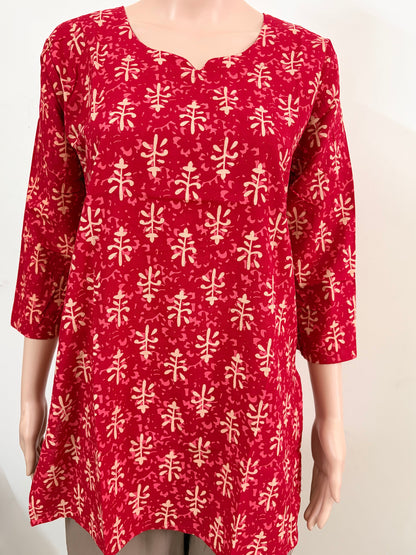 Women's Cotton Short Kurti | Tomato red printed short top