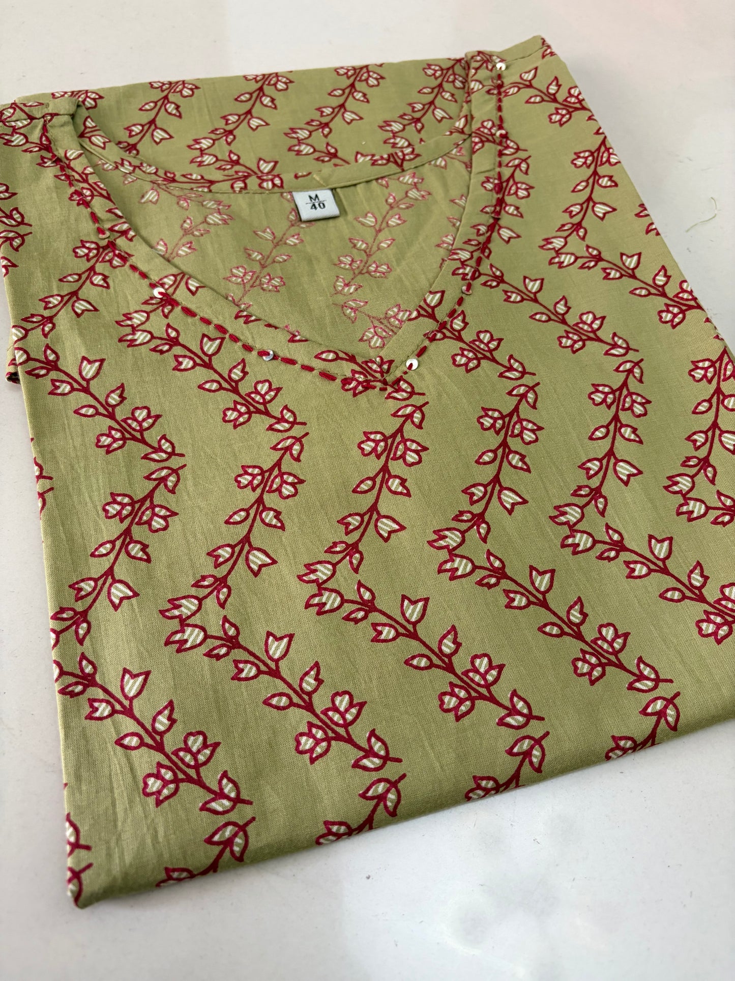Women's Cotton Short Kurti | Light Mehandi green with florals on zigzag