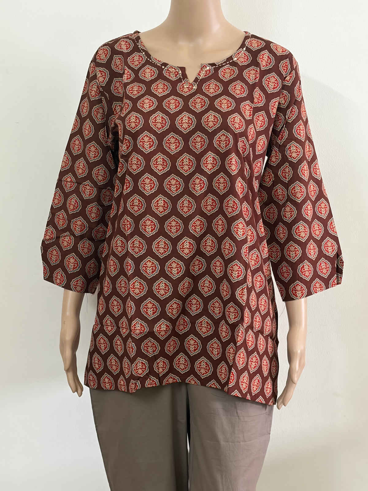 Women's Cotton Short Kurti | Brown base with block prints