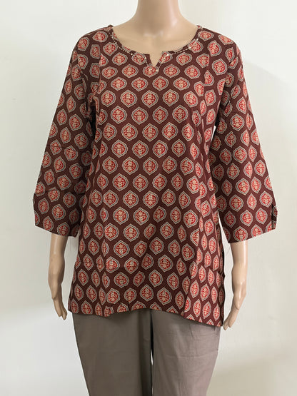 Women's Cotton Short Kurti | Brown base with block prints