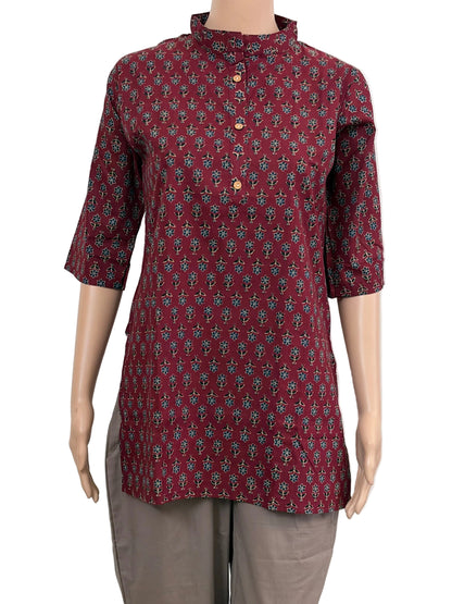 Women's Cotton Short Kurti | Collar Neck block print in maroon
