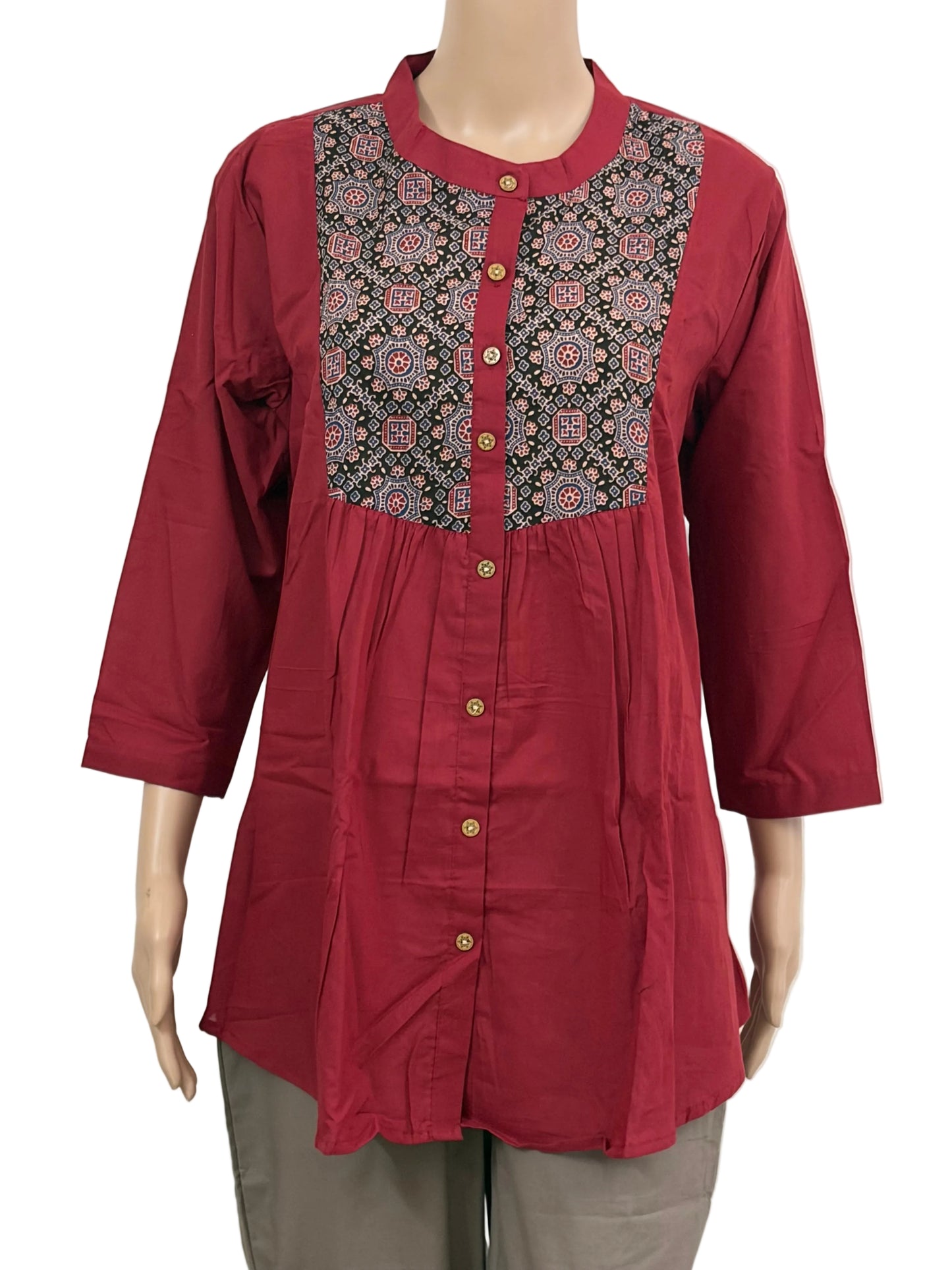 Chinese collar top with ajrakh patch work | Red maroon ajrakh