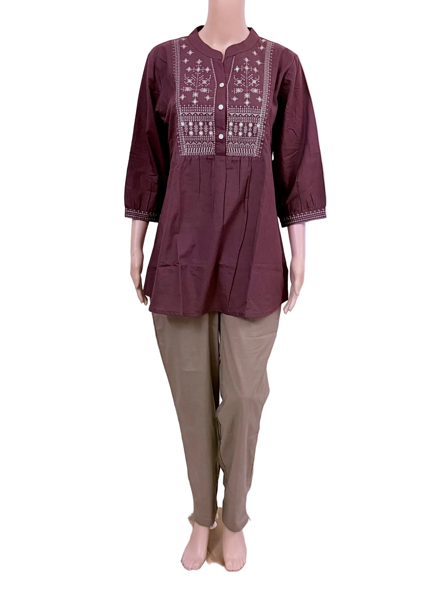 High neck embroidery top | Wine shade