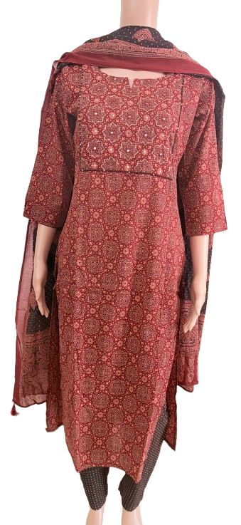 Women kurti with pant and dupatta | Straight cut | Maroon Ajrakh piping set l cottonlove