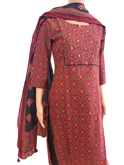 Women kurti with pant and dupatta | Straight cut | Maroon Ajrakh piping set l cottonlove