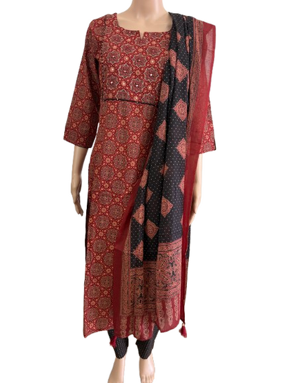 Women kurti with pant and dupatta | Straight cut | Maroon Ajrakh piping set l cottonlove