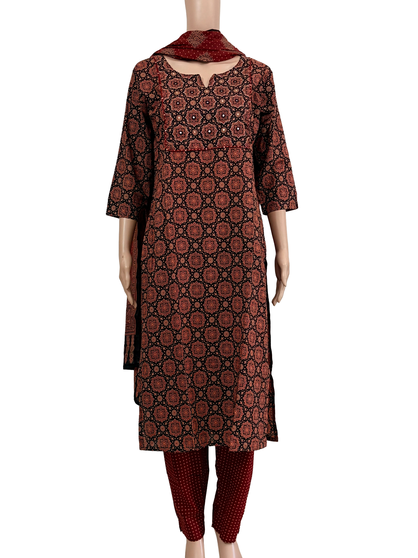 Women kurti with pant and dupatta | Straight cut | Black Ajrakh piping set l cottonlove