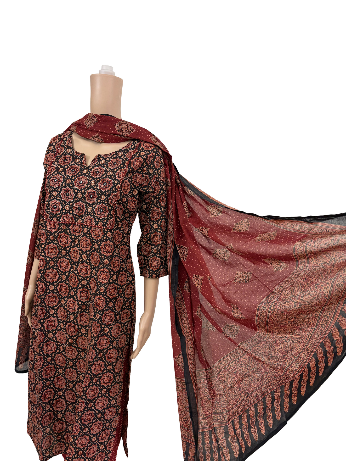 Women kurti with pant and dupatta | Straight cut | Black Ajrakh piping set l cottonlove