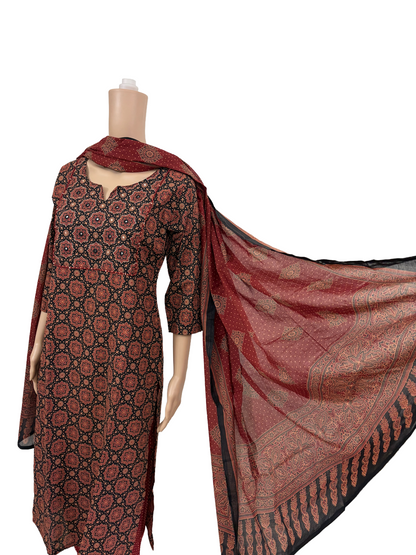 Women kurti with pant and dupatta | Straight cut | Black Ajrakh piping set l cottonlove