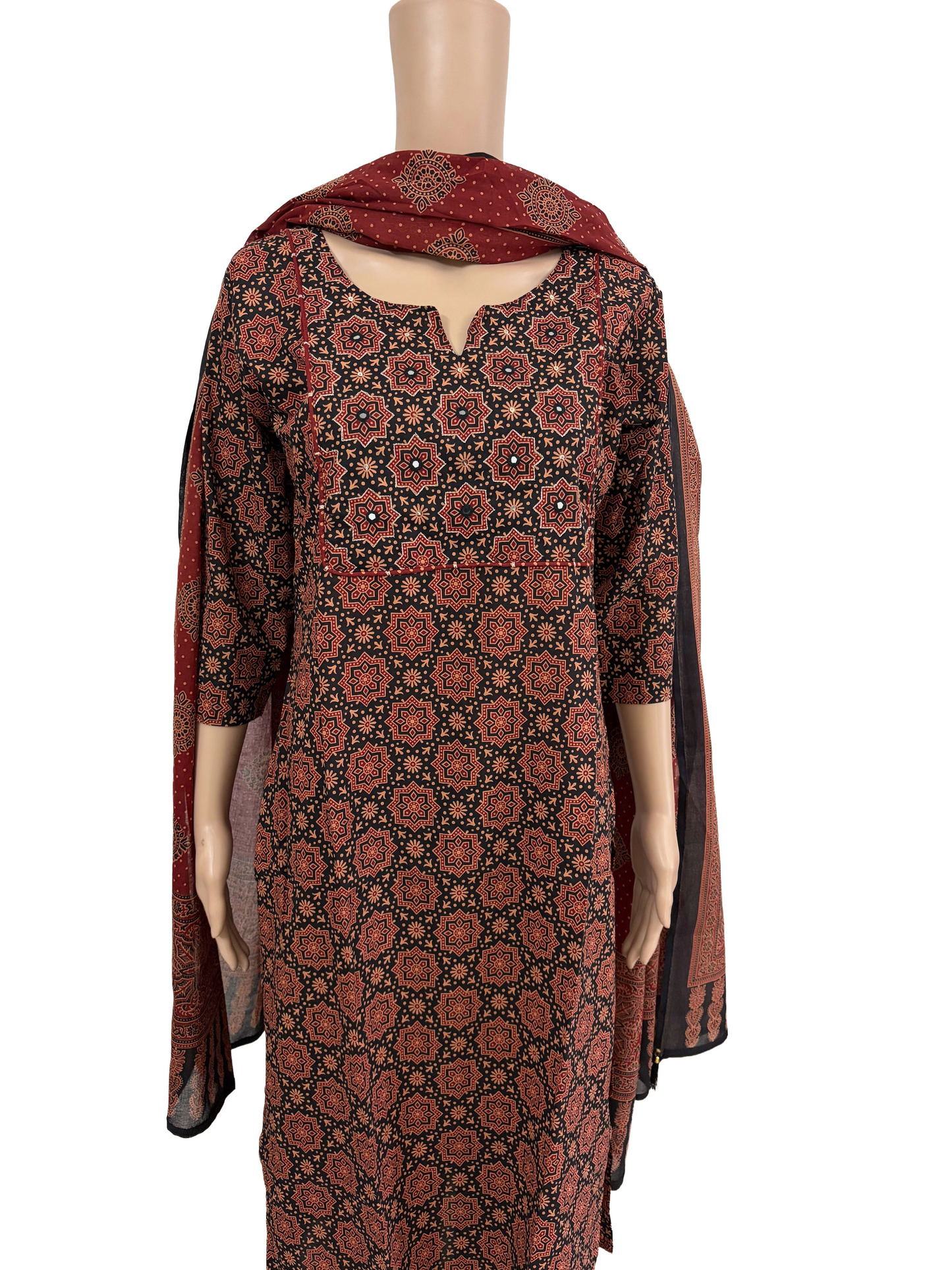 Women kurti with pant and dupatta | Straight cut | Black Ajrakh piping set l cottonlove