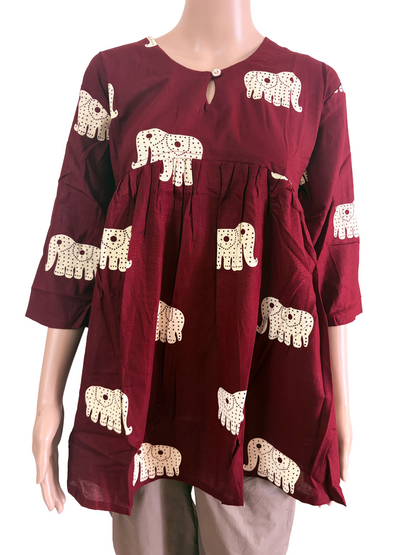 Premium Dabu cotton Peplum Kurti| Red maroon Elephant