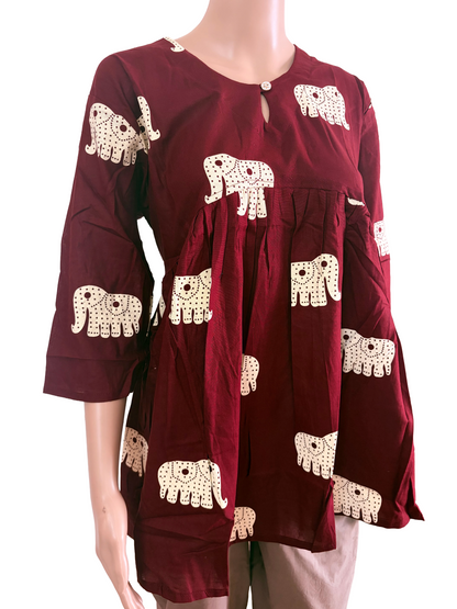 Premium Dabu cotton Peplum Kurti| Red maroon Elephant