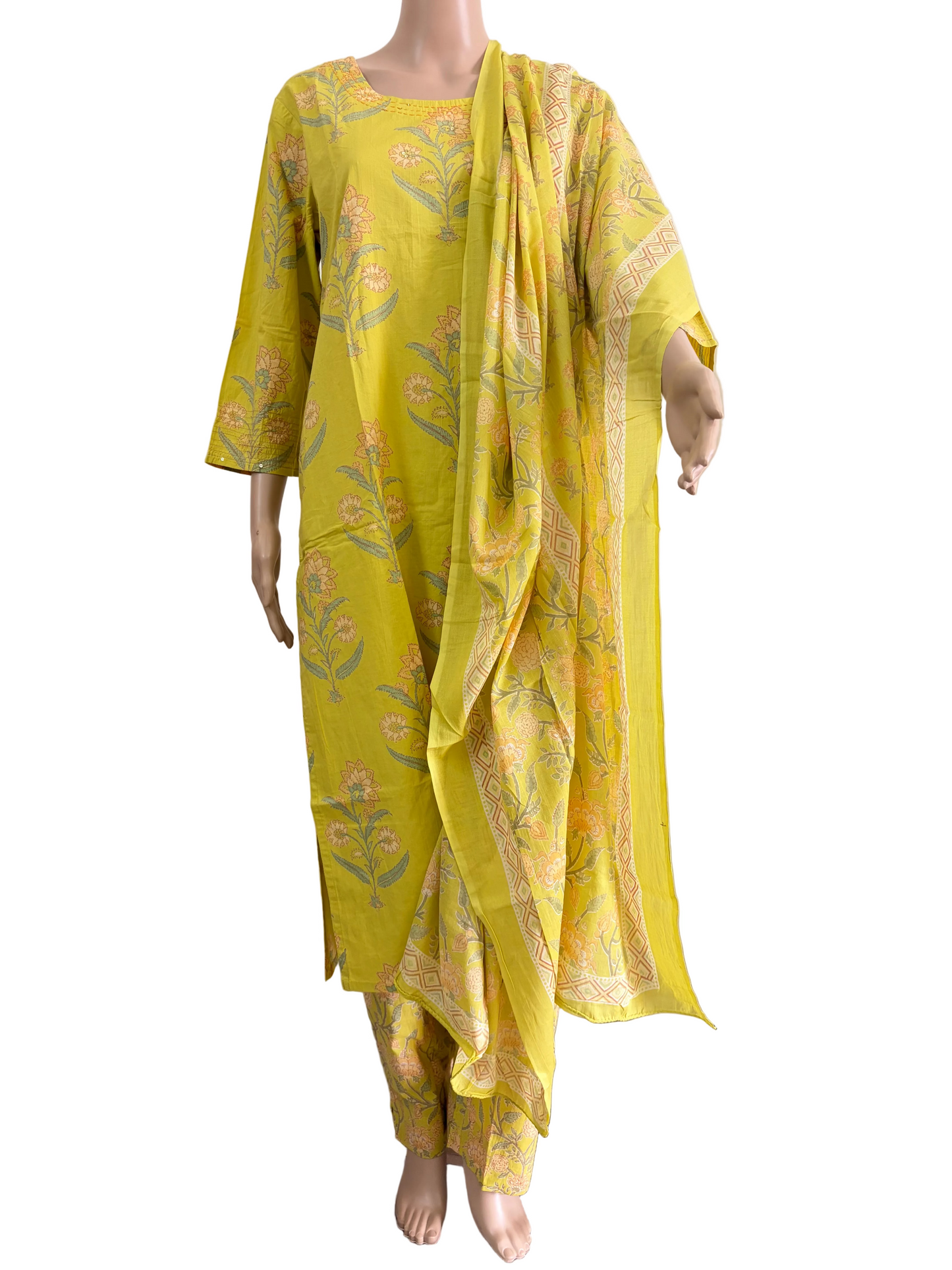Women kurti with pant and dupatta | Straight cut | Light yellow with floral print| cottonlove