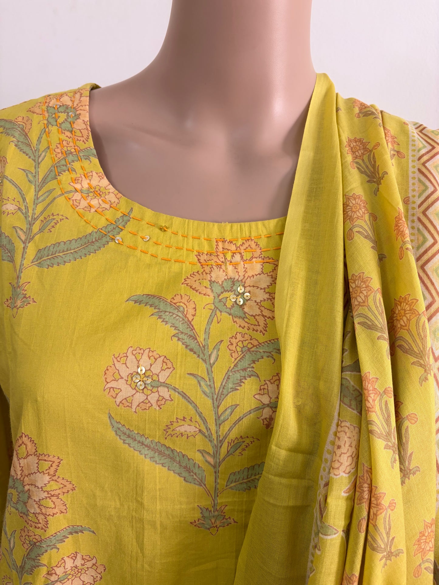 Women kurti with pant and dupatta | Straight cut | Light yellow with floral print| cottonlove