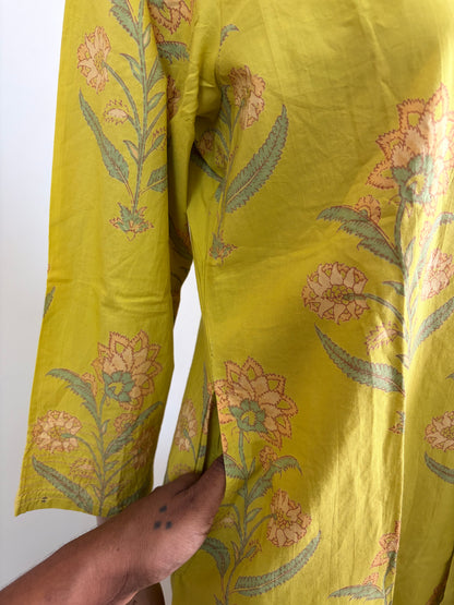 Women kurti with pant and dupatta | Straight cut | Light yellow with floral print| cottonlove