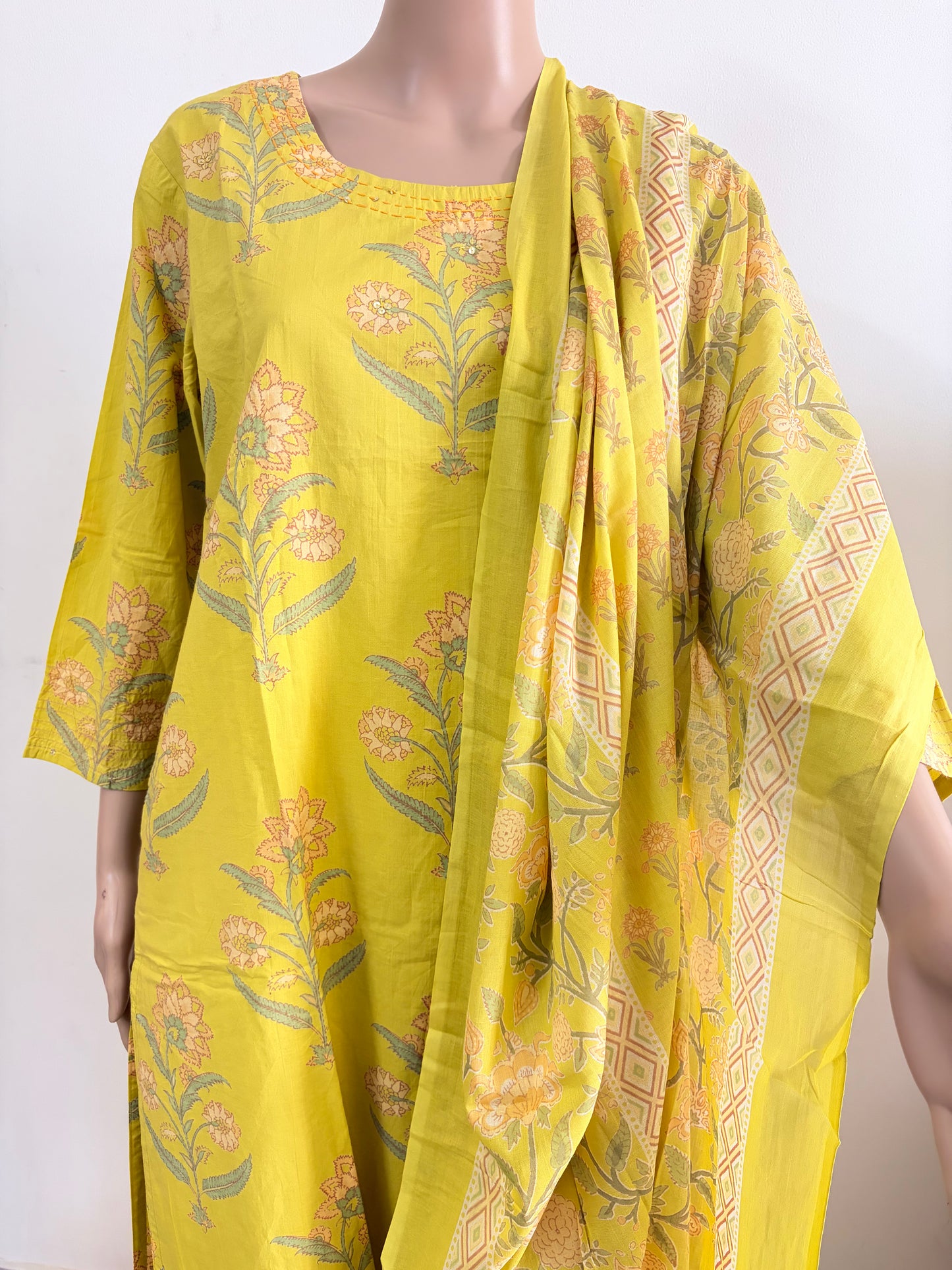 Women kurti with pant and dupatta | Straight cut | Light yellow with floral print| cottonlove