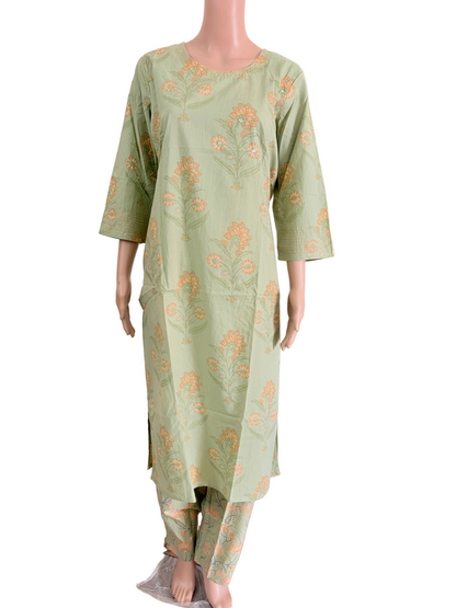Women kurti with pant and dupatta | Straight cut | Light moss green with floral print| cottonlove