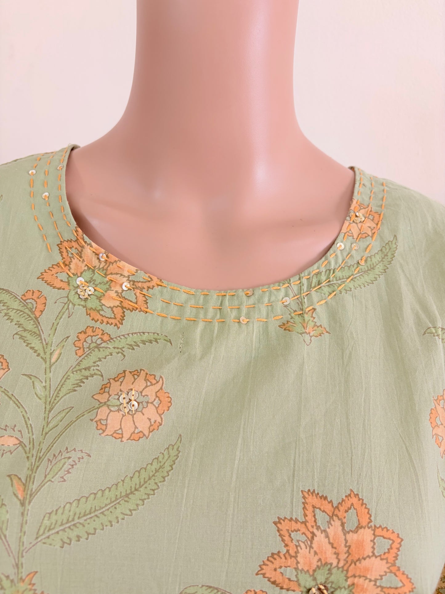 Women kurti with pant and dupatta | Straight cut | Light moss green with floral print| cottonlove