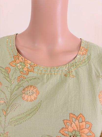 Women kurti with pant and dupatta | Straight cut | Light moss green with floral print| cottonlove
