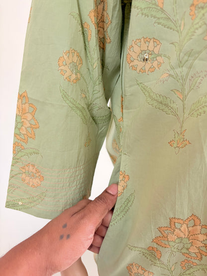 Women kurti with pant and dupatta | Straight cut | Light moss green with floral print| cottonlove