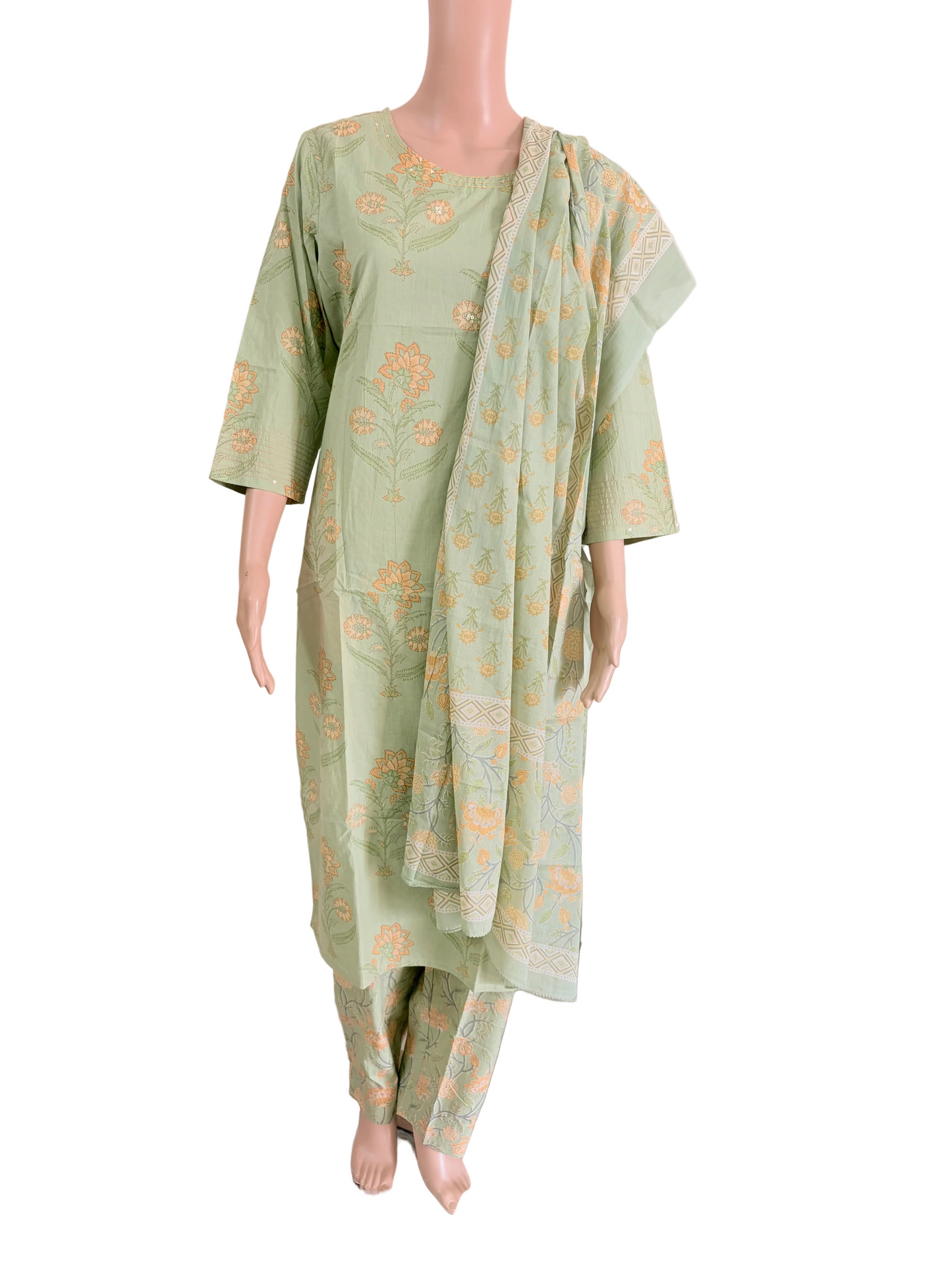 Women kurti with pant and dupatta | Straight cut | Light moss green with floral print| cottonlove