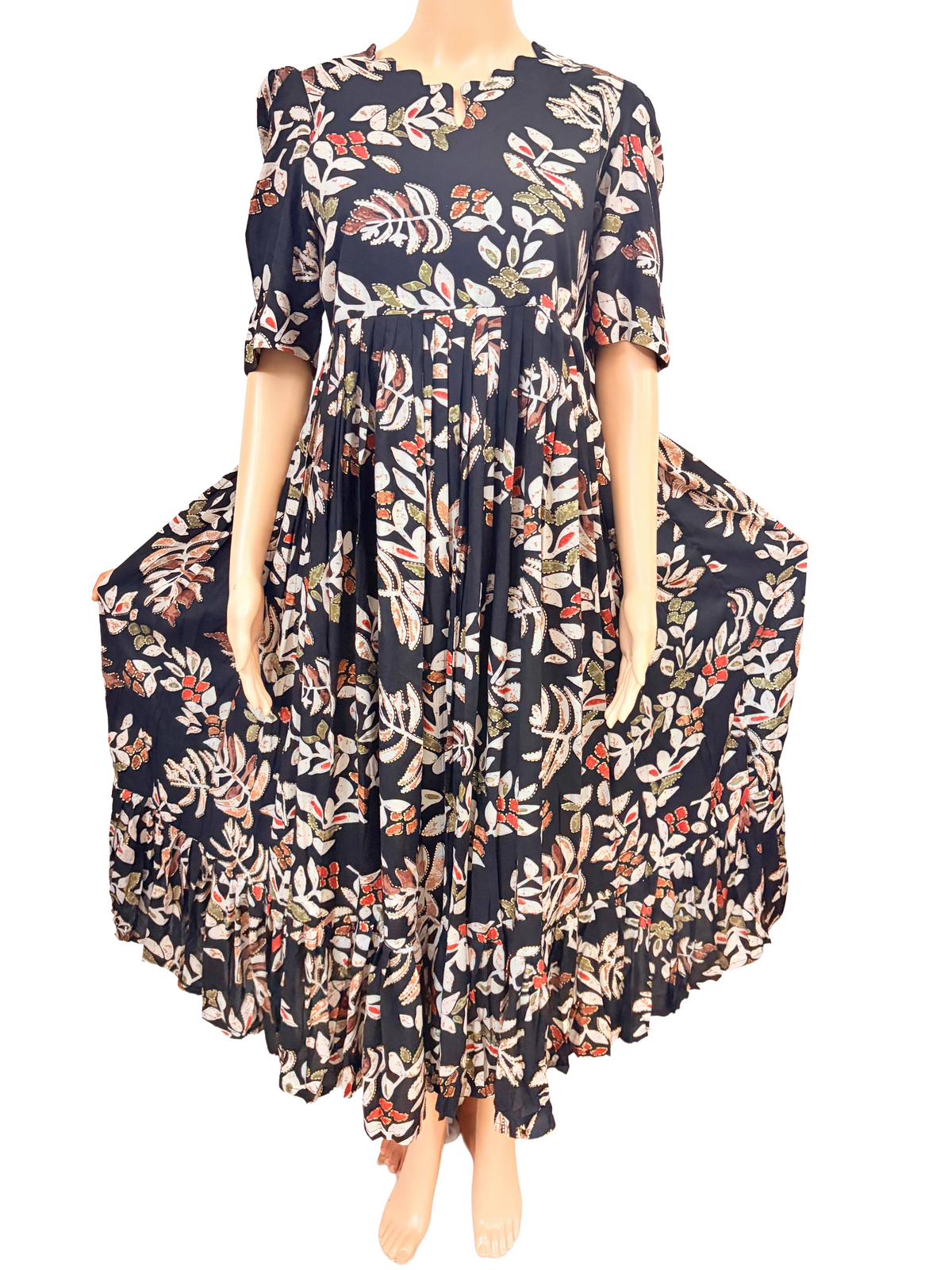 Maxi Frock | Rayon Fabric | Black leafy patterns | B4007