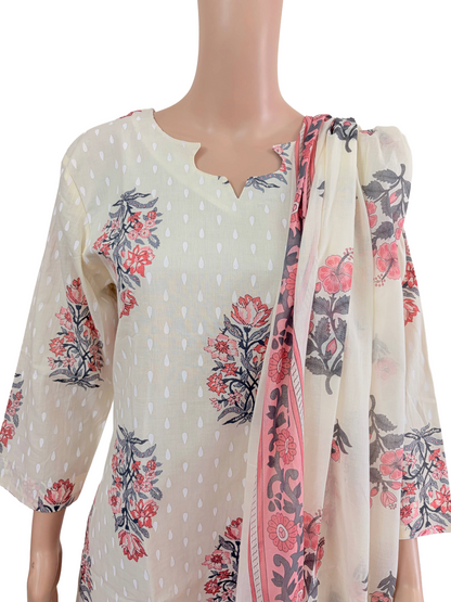 Women kurti with pant and dupatta | Off White floral prints kurti with Lining | Neck Pattern 2 | B4008