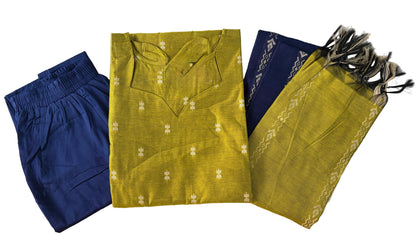 Women kurti with pant and dupatta | Straight cut green with navy blue (Neck pattern 1) l silkcotton