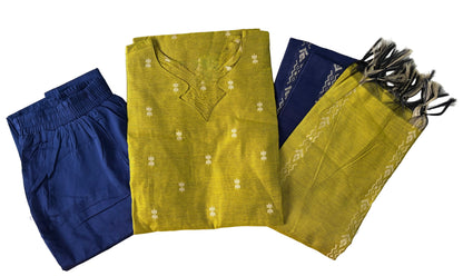 Women kurti with pant and dupatta | Straight cut green with navy blue (Neck pattern 2) l silkcotton