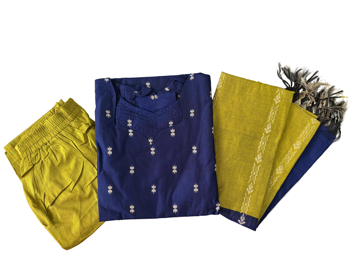 Women kurti with pant and dupatta | Straight cut Navy blue with green (Neck pattern 1) l silkcotton