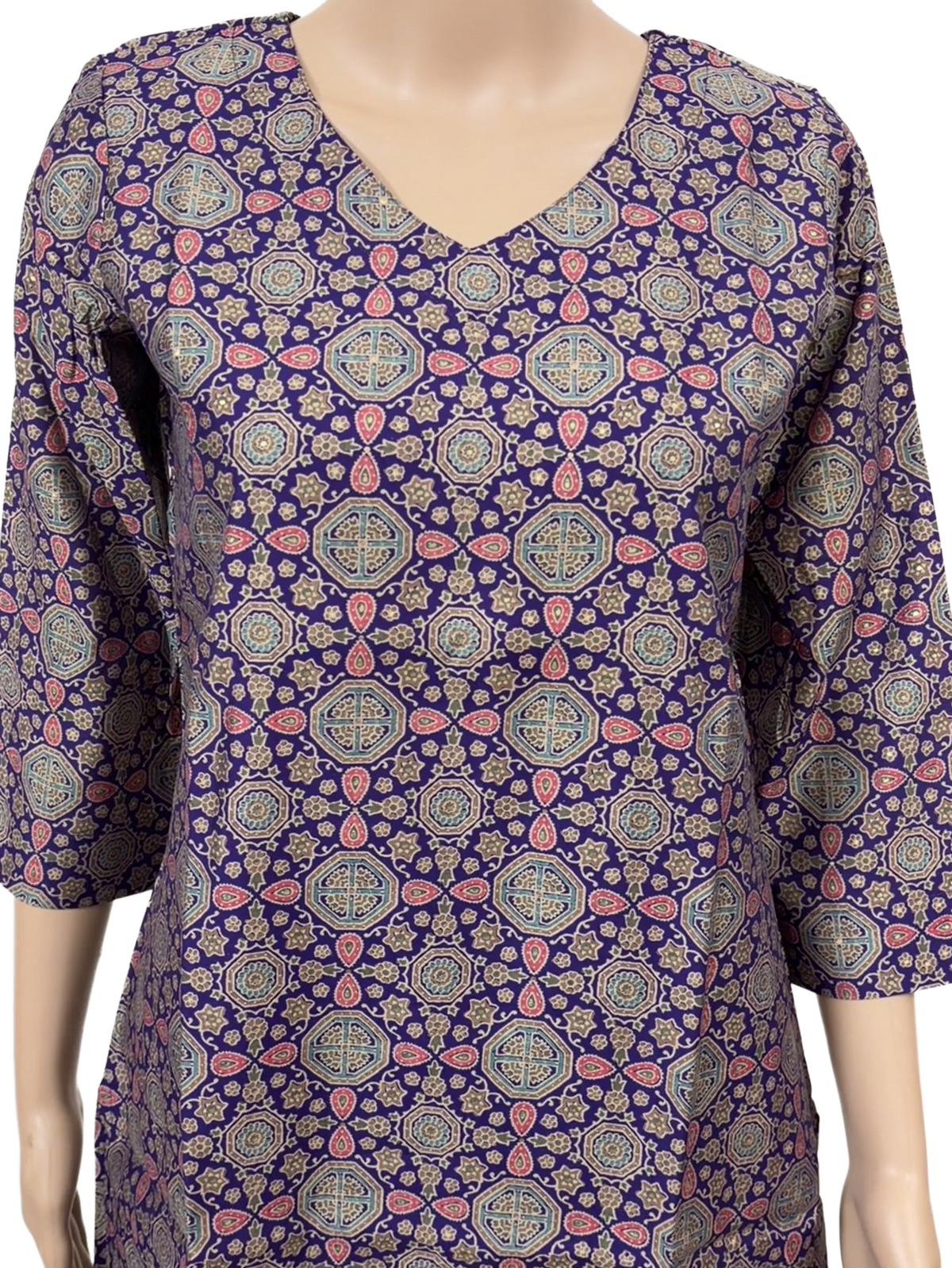 Women ethnic kurti with pant and dupatta |Light purple color ajrakh printed 3 piece sets | Neck Pattern 3 | B4016
