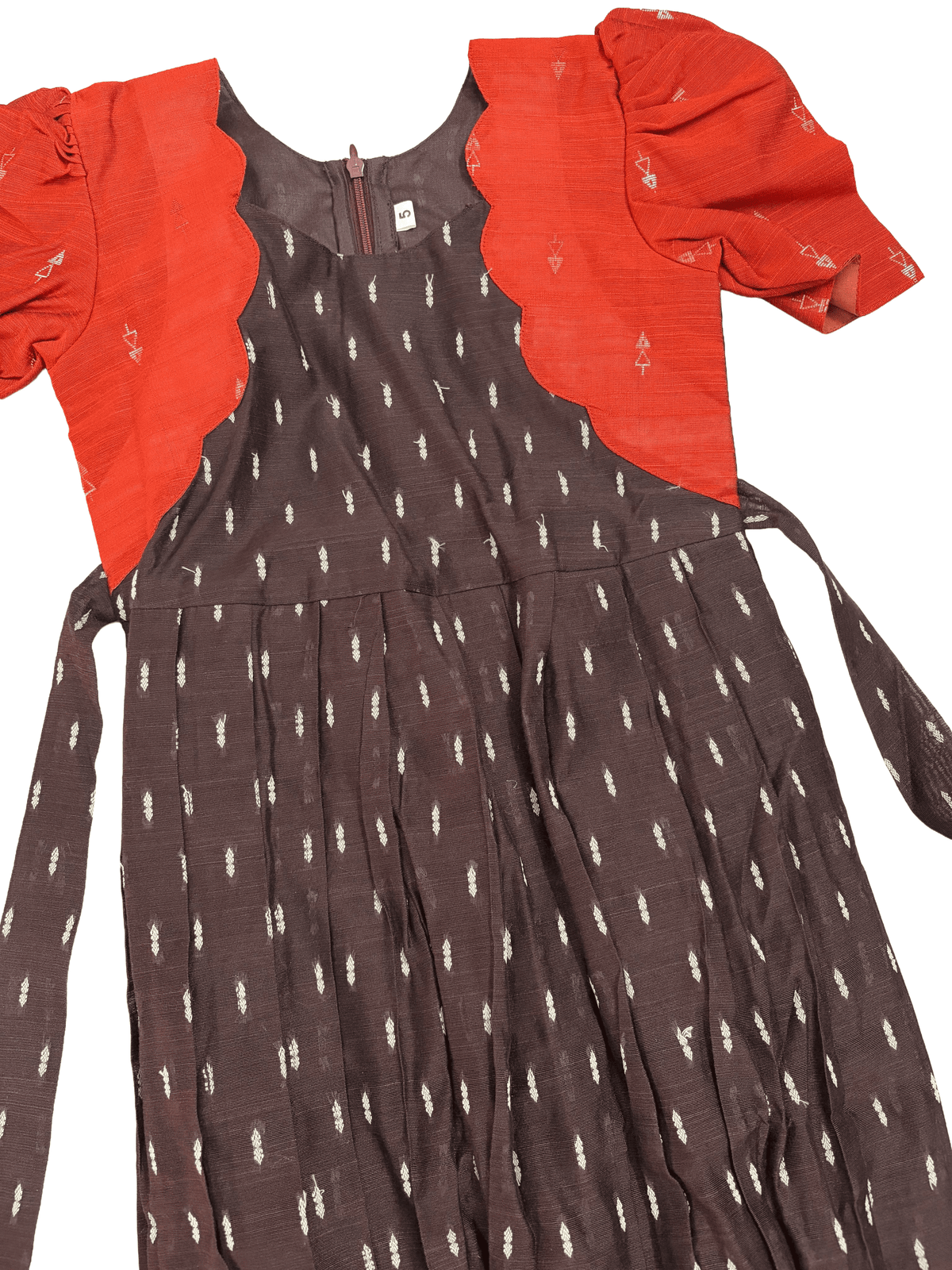 Girls Ethnic Raw silk slub Frock | Coffee brown with rust orange