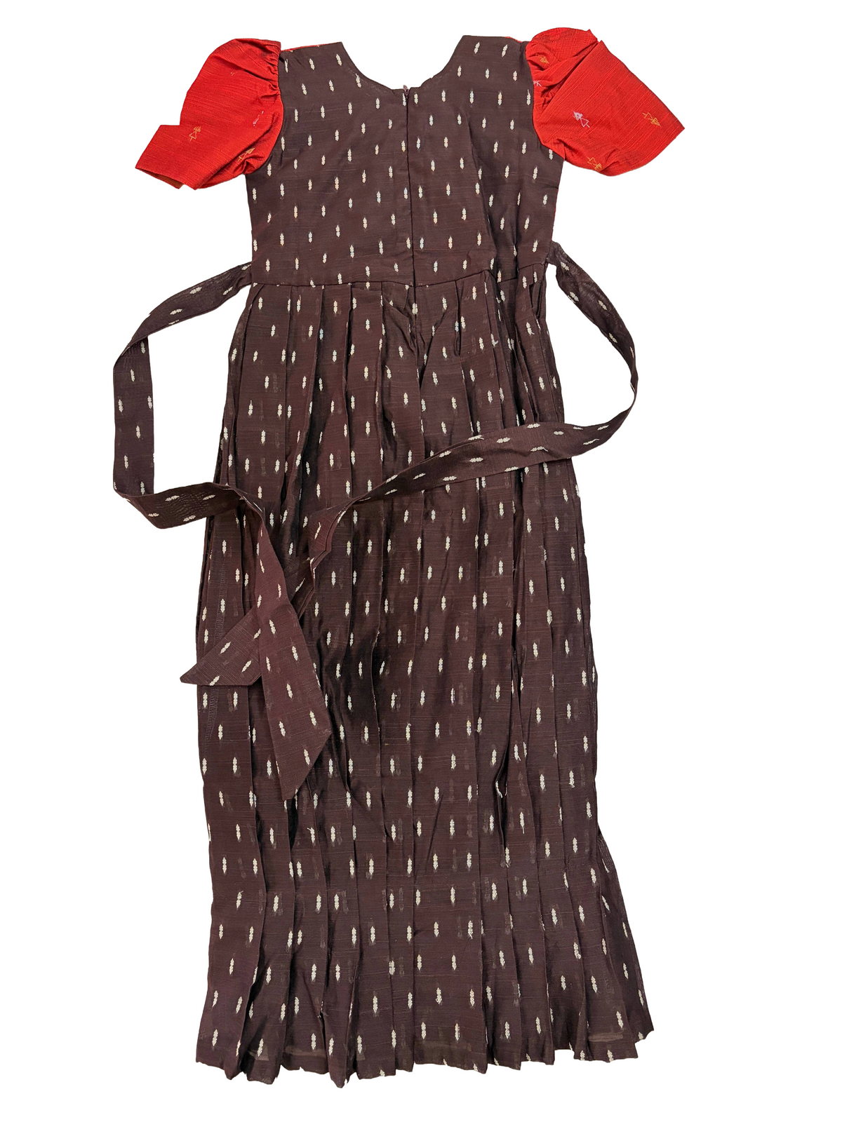 Girls Ethnic Raw silk slub Frock | Coffee brown with rust orange