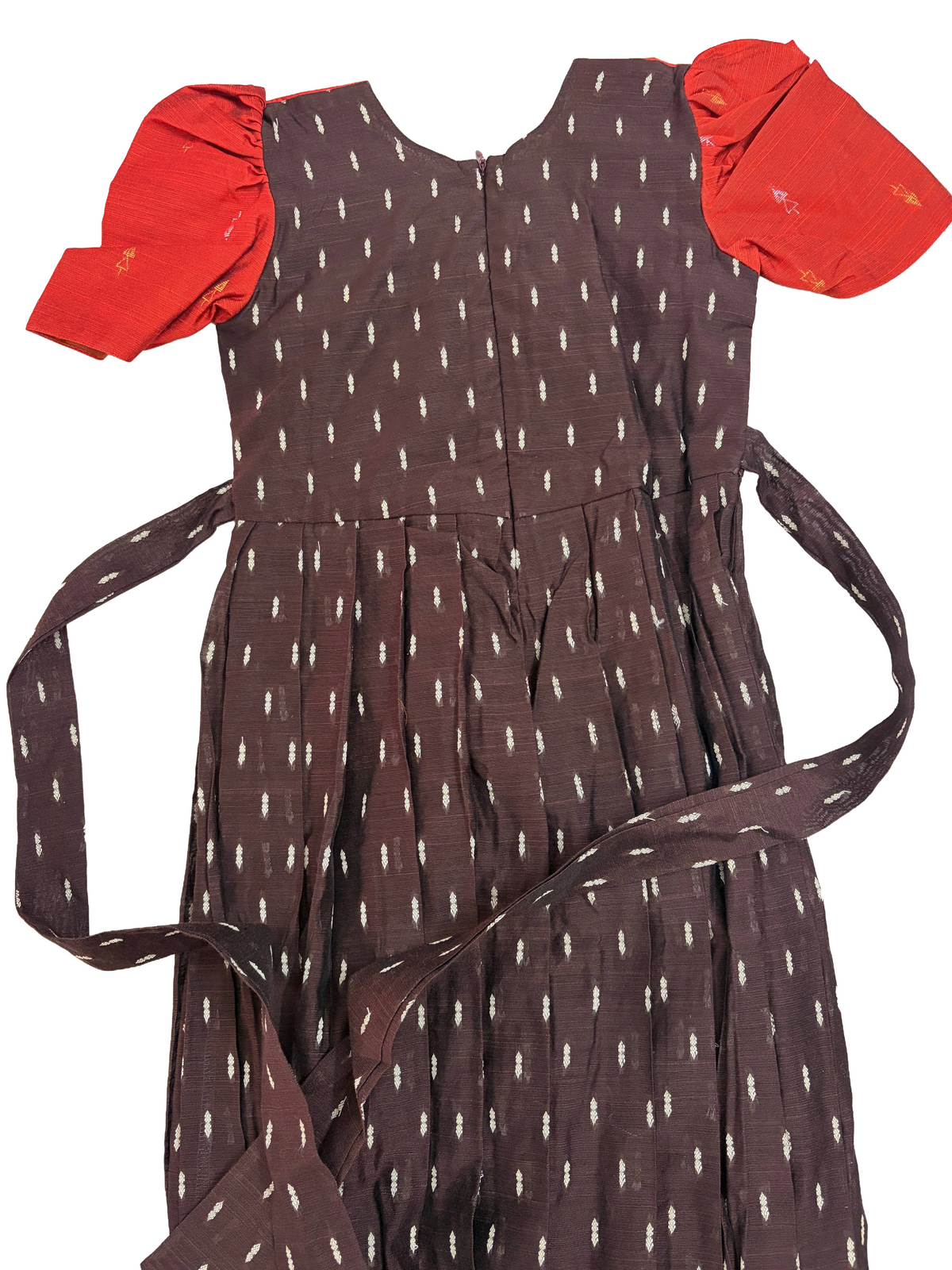 Girls Ethnic Raw silk slub Frock | Coffee brown with rust orange