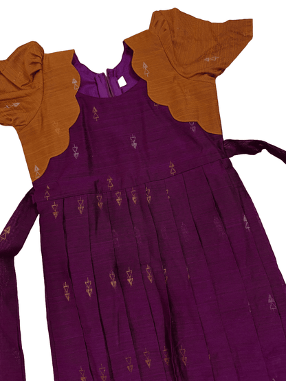 Girls Ethnic Raw silk Frock | Majenta with Mustard