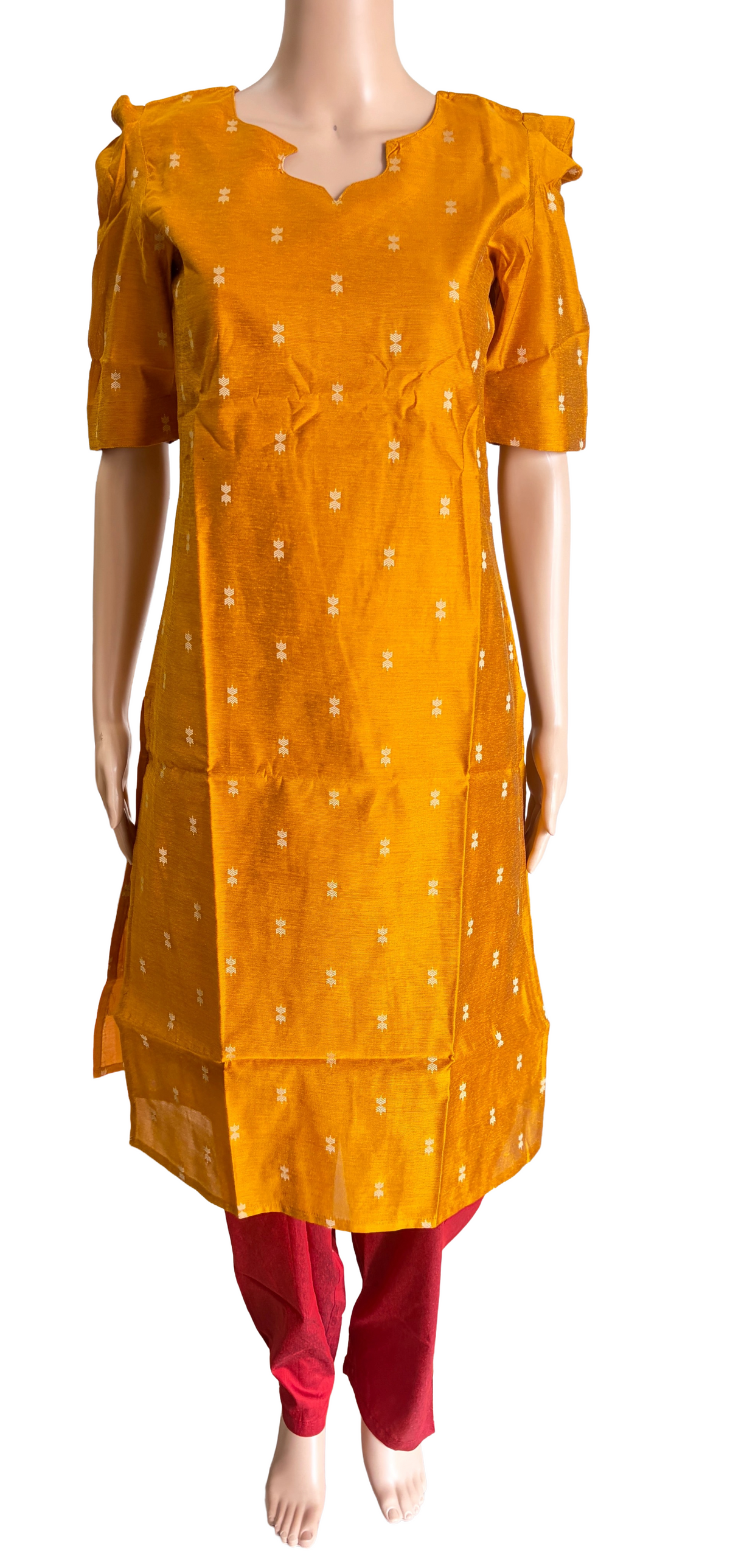 Women kurti with pant and dupatta | Straight cut Mustard with red (Neck pattern 1) l silkcotton
