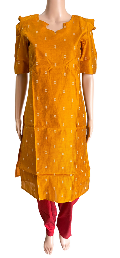 Women kurti with pant and dupatta | Straight cut Mustard with red (Neck pattern 1) l silkcotton