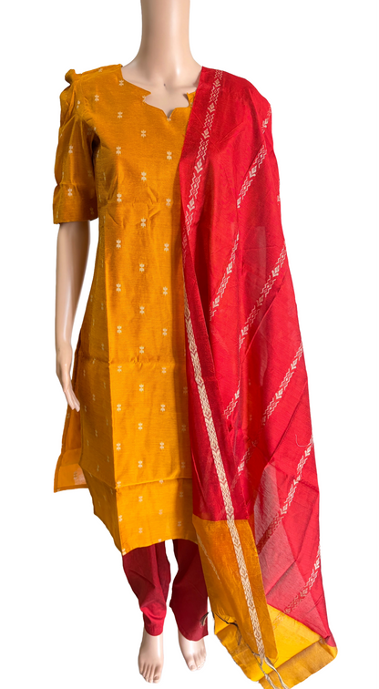 Women kurti with pant and dupatta | Straight cut Mustard with red (Neck pattern 1) l silkcotton