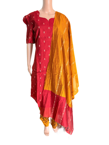 Women kurti with pant and dupatta | Straight cut Red with Mustard (Neck pattern 3) l silkcotton