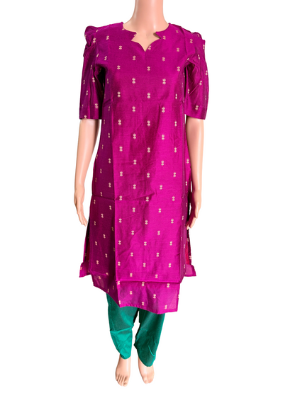 Women kurti with pant and dupatta | Straight cut Majenta with green (Neck pattern 1) l silkcotton