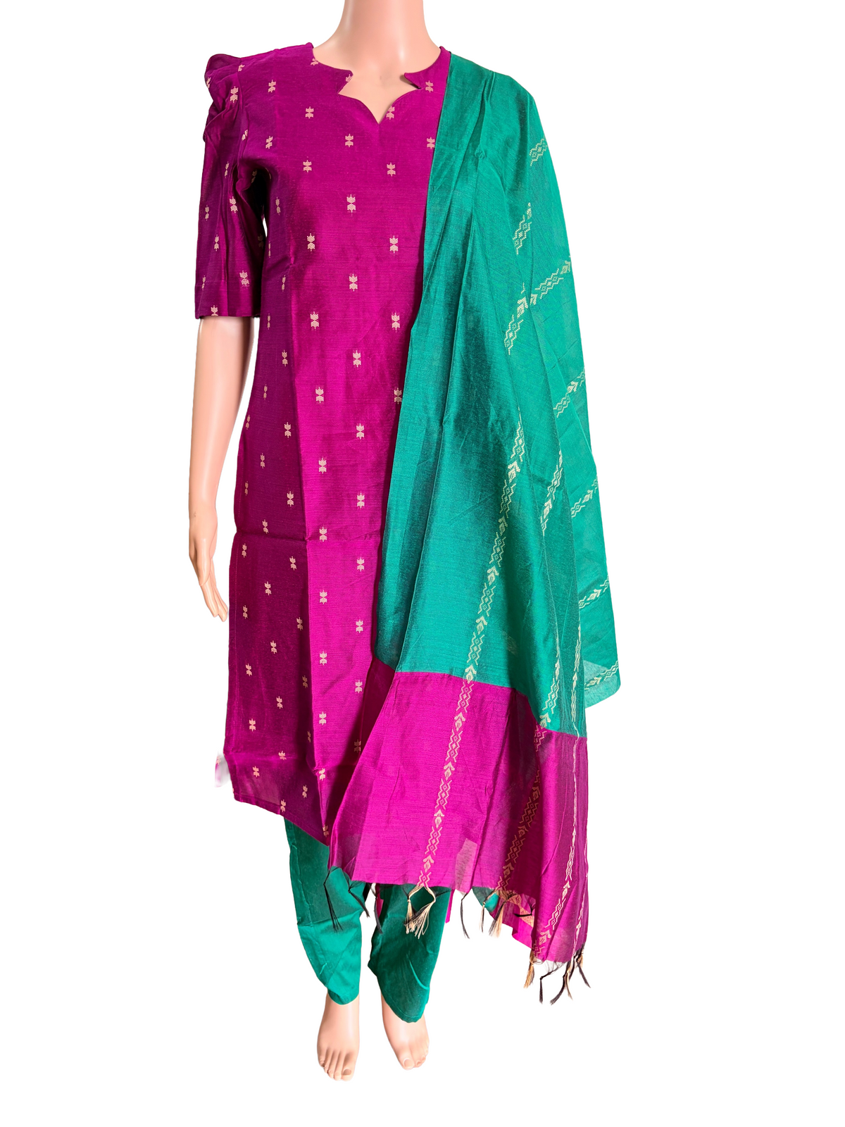 Women kurti with pant and dupatta | Straight cut Majenta with green (Neck pattern 1) l silkcotton
