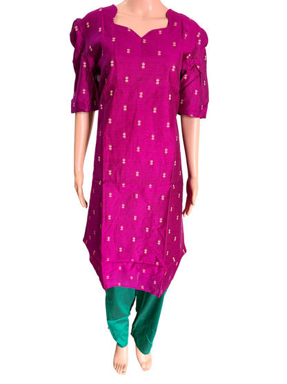 Women kurti with pant and dupatta | Straight cut Majenta with green (Neck pattern 3) l silkcotton