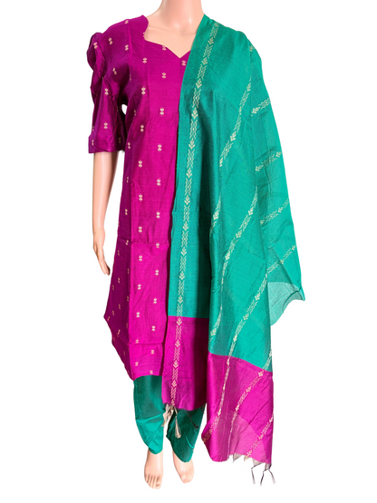 Women kurti with pant and dupatta | Straight cut Majenta with green (Neck pattern 3) l silkcotton